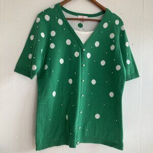 Quacker Factory Green & White Polka Dot Pearl Beaded Top Sweater Faux Twin Set M
